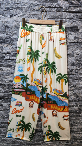 Großhändler Adilynn - Fließende Hose mit „Paradise“-Print, zwei Seitentaschen und elastischem Bund