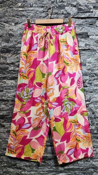 Mayorista Adilynn - Pantalón ancho de lino, estampado tropical, cintura elástica, dos bolsillos
