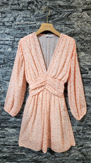 Wholesaler Adilynn - Short flower print dress, V-neck, elastic back, long sleeves