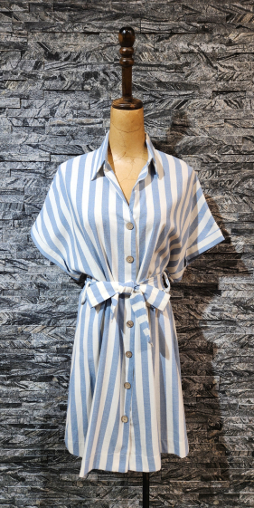 Wholesaler Adilynn - Striped mid-length dress with buttons, belt, short sleeves