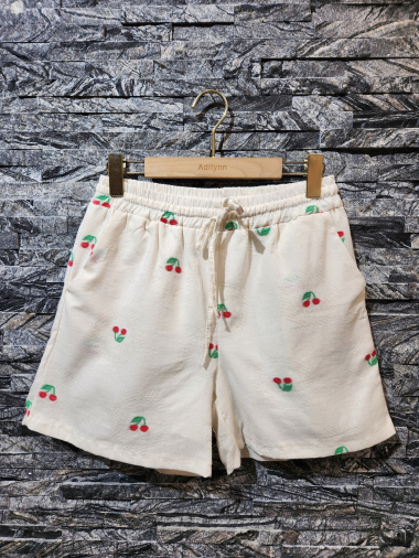 Wholesaler Adilynn - Shorts with cherry embroidery, two side pockets, elastic waist