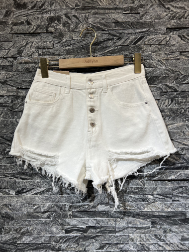 Großhändler Adilynn - Weiße Shorts mit Knöpfen, zerrissenem Boden, fünf Taschen, Reißverschluss und Knopfverschluss