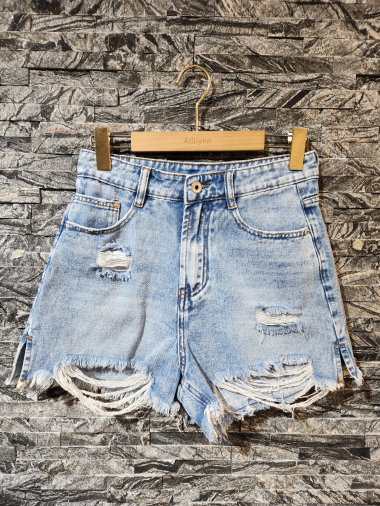 Großhändler Adilynn - Jeansshorts, zerrissener Boden, fünf Taschen, Reißverschluss und Knopfverschluss