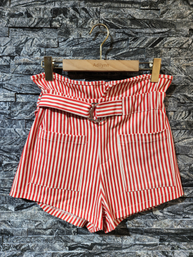 Wholesaler Adilynn - Striped denim shorts with belt, elastic waist, front and back pockets