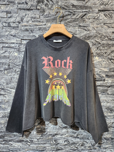 Wholesaler Adilynn - “Rock” print long-sleeved sweatshirt, round neck