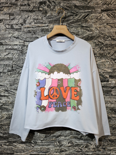 Großhändler Adilynn - Sweatshirt mit „Love Peace“-Aufdruck, Rundhalsausschnitt und langen Ärmeln