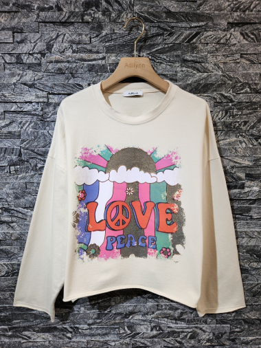 Wholesaler Adilynn - “Love Peace” printed sweatshirt, round neck, long sleeves