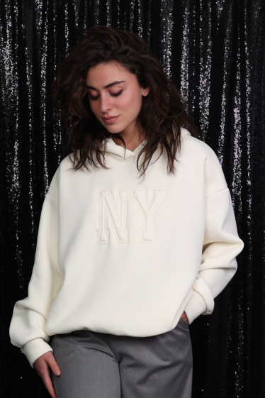 Grossiste Adilynn - Sweat molleton à capuche "NY", coupe large, manches longues