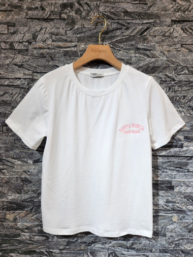 Großhändler Adilynn - T-Shirt mit „Santa Monica State Beach“-Stickerei, Rundhalsausschnitt und kurzen Ärmeln