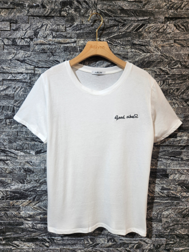 Grossiste Adilynn - T-shirt avec broderie « Good vibes », col rond, manches courtes