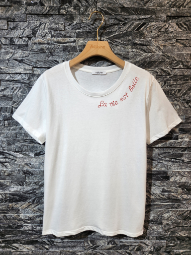 Wholesaler Adilynn - T-shirt with embroidery “Life is beautiful”, round neck, short sleeves