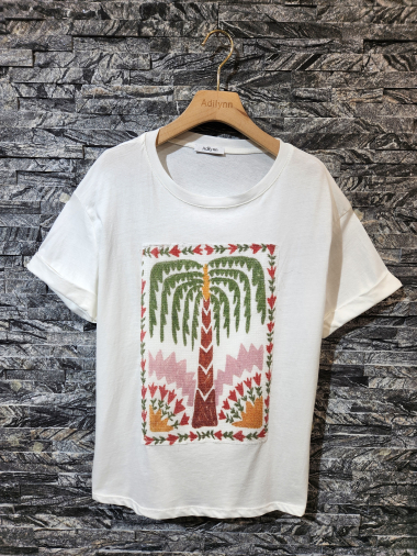 Wholesaler Adilynn - T-shirt with palm tree pattern sequin insert, round neck, short sleeves