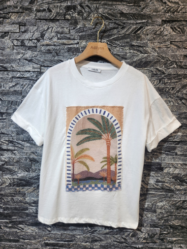 Grossiste Adilynn - T-shirt avec empiècement palmiers en sequins, col rond, manches courtes à revers