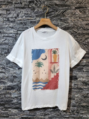 Grossiste Adilynn - T-shirt avec empiècement paysage en sequins, col rond, manches courtes à revers
