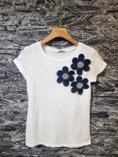 Grossiste Adilynn - T-shirt avec fleurs en relief, col rond, manches courtes