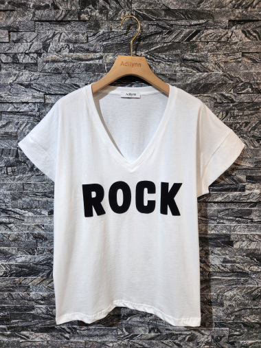 Grossiste Adilynn - T-shirt avec « Rock » effet velours, col V, manches courtes à revers