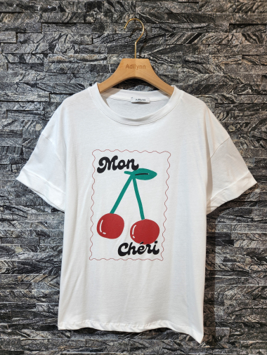Wholesaler Adilynn - “Mon Cheri” printed cherry t-shirt, round neck, short cuffed sleeves