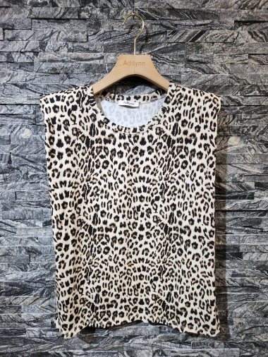 Großhändler Adilynn - T-Shirt mit Leopardenmuster und Schulterpolstern, Rundhalsausschnitt