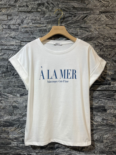 Grossiste Adilynn - T-shirt imprimé "A la mer Saint Tropez Cote d'azur", col rond, manches courtes