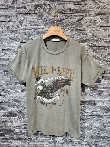 Grossiste Adilynn - T-shirt imprimé aigle « Wild life », col rond, manches courtes