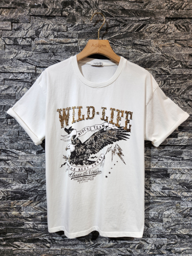 Wholesaler Adilynn - “Wild life” eagle print T-shirt, round neck, short sleeves