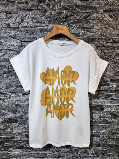 Grossiste Adilynn - T-shirt imprimé « Amor Amor Amor », col rond, manches courtes à revers