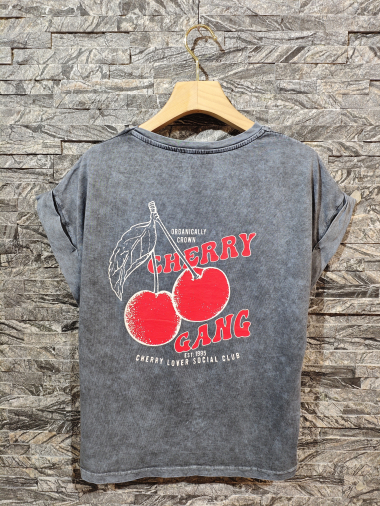 Grossiste Adilynn - T-shirt imprimé avant cerises et arrière « Cherry gang », col rond