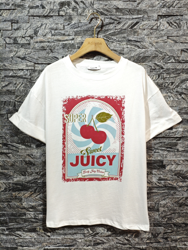 Wholesaler Adilynn - “Super juicy” cherry print T-shirt, round neck, short cuffed sleeves