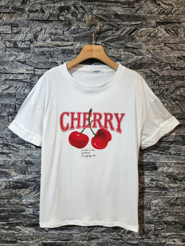 Grossiste Adilynn - T-shirt cerises imprimé « Cherry », col rond, manches courtes à revers