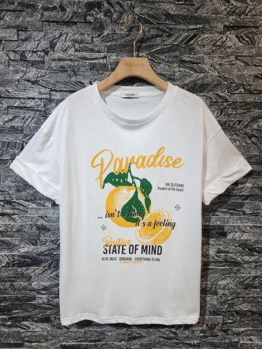 Wholesaler Adilynn - “Paradise” lemon print t-shirt, round neck, short cuffed sleeves