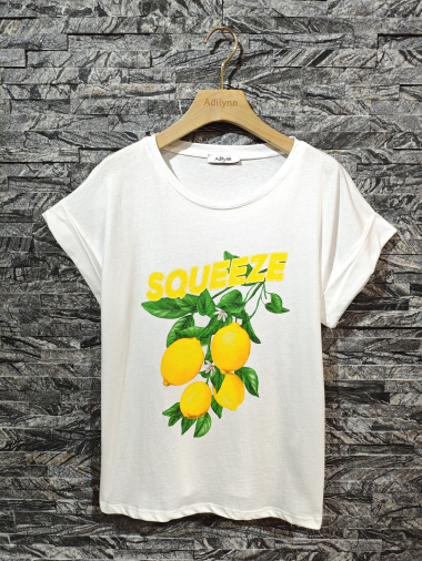 Wholesaler Adilynn - “Squeeze” lemon print T-shirt, round neck, short cuffed sleeves