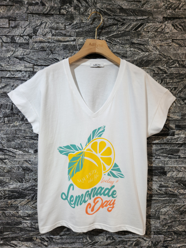 Grossiste Adilynn - T-shirt imprimé citrons « Today is lemonade day », col V, manches courtes