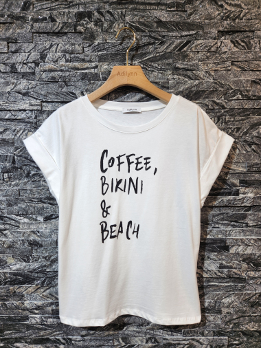 Mayorista Adilynn - Camiseta estampada “Coffee Bikini & Beach”, cuello redondo, manga corta con puño