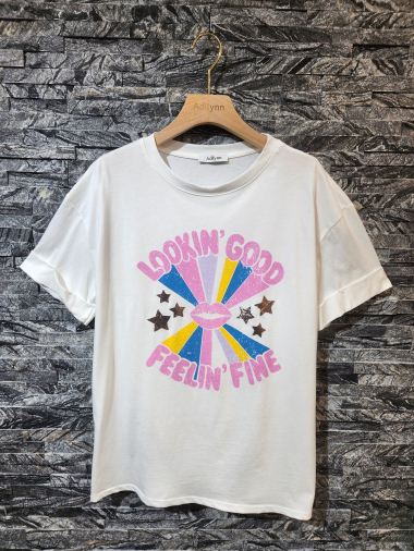 Grossiste Adilynn - T-shirt imprimé « Feelin good Lookin fine », col rond, manches courtes à revers