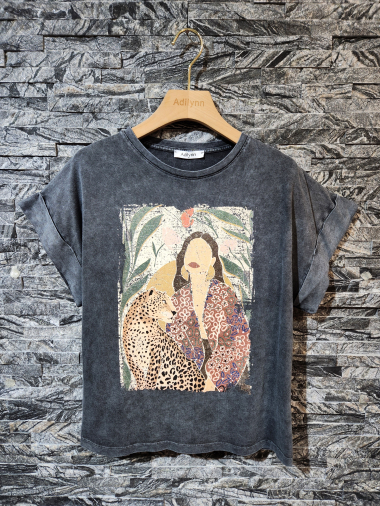 Grossiste Adilynn - T-shirt imprimé femme et léopard, col rond, manches courtes à revers