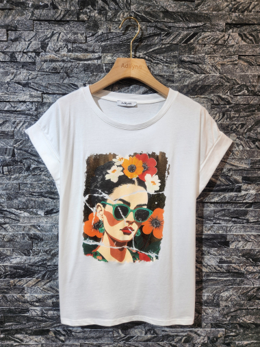 Großhändler Adilynn - Bedrucktes Damen-T-Shirt mit Sonnenbrille und Blumen, Rundhalsausschnitt, kurze Ärmel