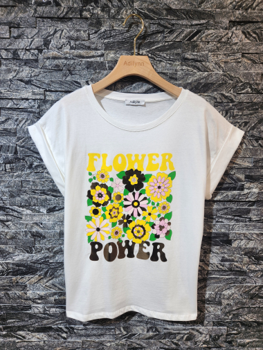 Grossiste Adilynn - T-shirt imprimé fleurs « Flower power », col rond, manches courtes à revers