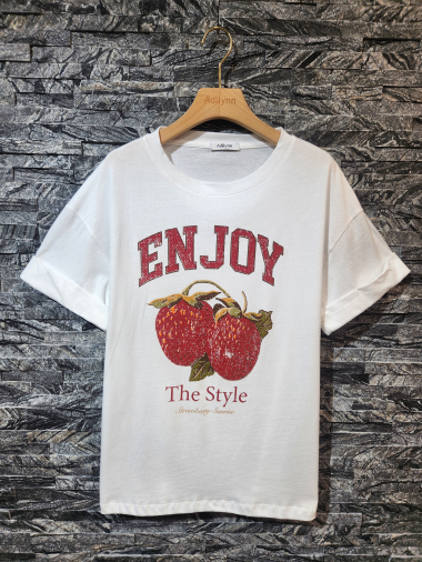 Mayorista Adilynn - Camiseta con estampado de fresas “Disfruta del estilo”, cuello redondo, manga corta con puños