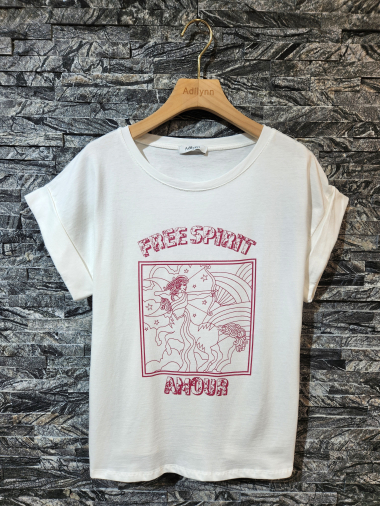 Grossiste Adilynn - T-shirt imprimé « Free spirit Amour », col rond, manches courtes à revers