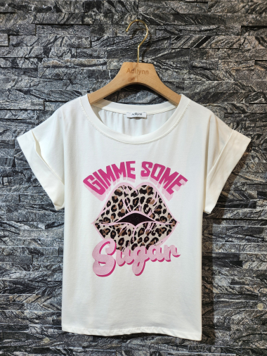 Grossiste Adilynn - T-shirt imprimé « Gimme some sugar », col rond, manches courtes à revers