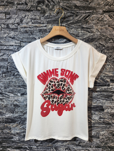 Wholesaler Adilynn - “Gimme some sugar” printed t-shirt, round neck, short cuffed sleeves