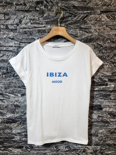 Grossiste Adilynn - T-shirt imprimé « Ibiza mood », col rond, manches courtes à revers