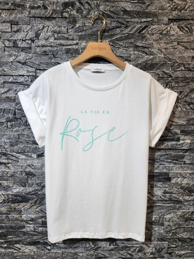 Grossiste Adilynn - T-shirt imprimé « La vie en rose », col rond, manches courtes à revers