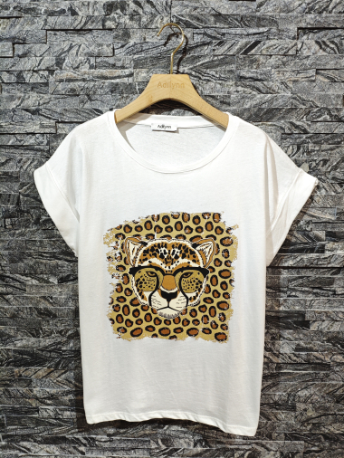 Grossiste Adilynn - T-shirt imprimé léopard à lunettes, col rond, manches courtes à revers