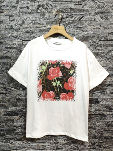Grossiste Adilynn - T-shirt imprimé léopard avec roses, col rond, manches courtes à revers
