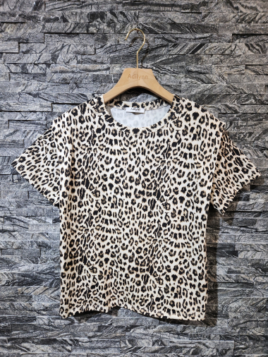 Mayorista Adilynn - Camiseta estampado leopardo, cuello redondo, manga corta