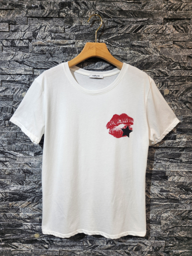 Grossiste Adilynn - T-shirt imprimé lèvres avec une étoile, col rond, manches courtes