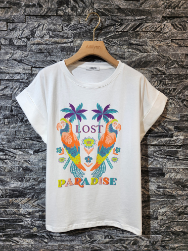 Grossiste Adilynn - T-shirt imprimé « Lost Paradise », col rond, manches courtes à revers