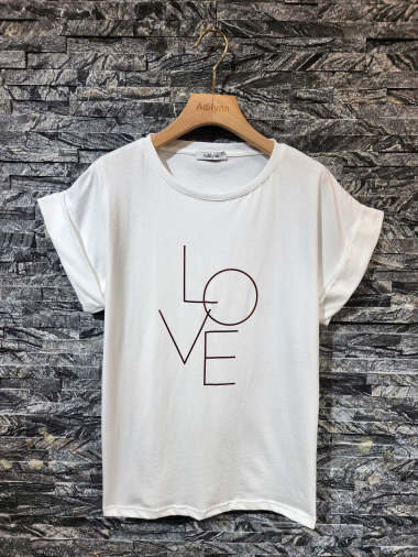 Grossiste Adilynn - T-shirt imprimé « Love », col rond, manches courtes à revers
