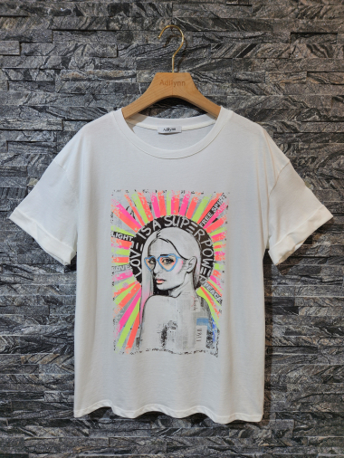 Grossiste Adilynn - T-shirt imprimé « Love is a super power », col rond, manches courtes à revers